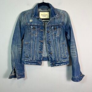 Abercrombie & Fitch Distressed Cropped Denim Jacket Blue Trucker XS